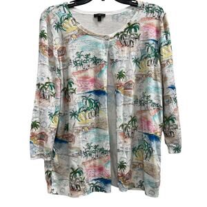 TALBOTS coastal pastel beach scene 3/4 sleeve cardigan sweater plus sz 1X